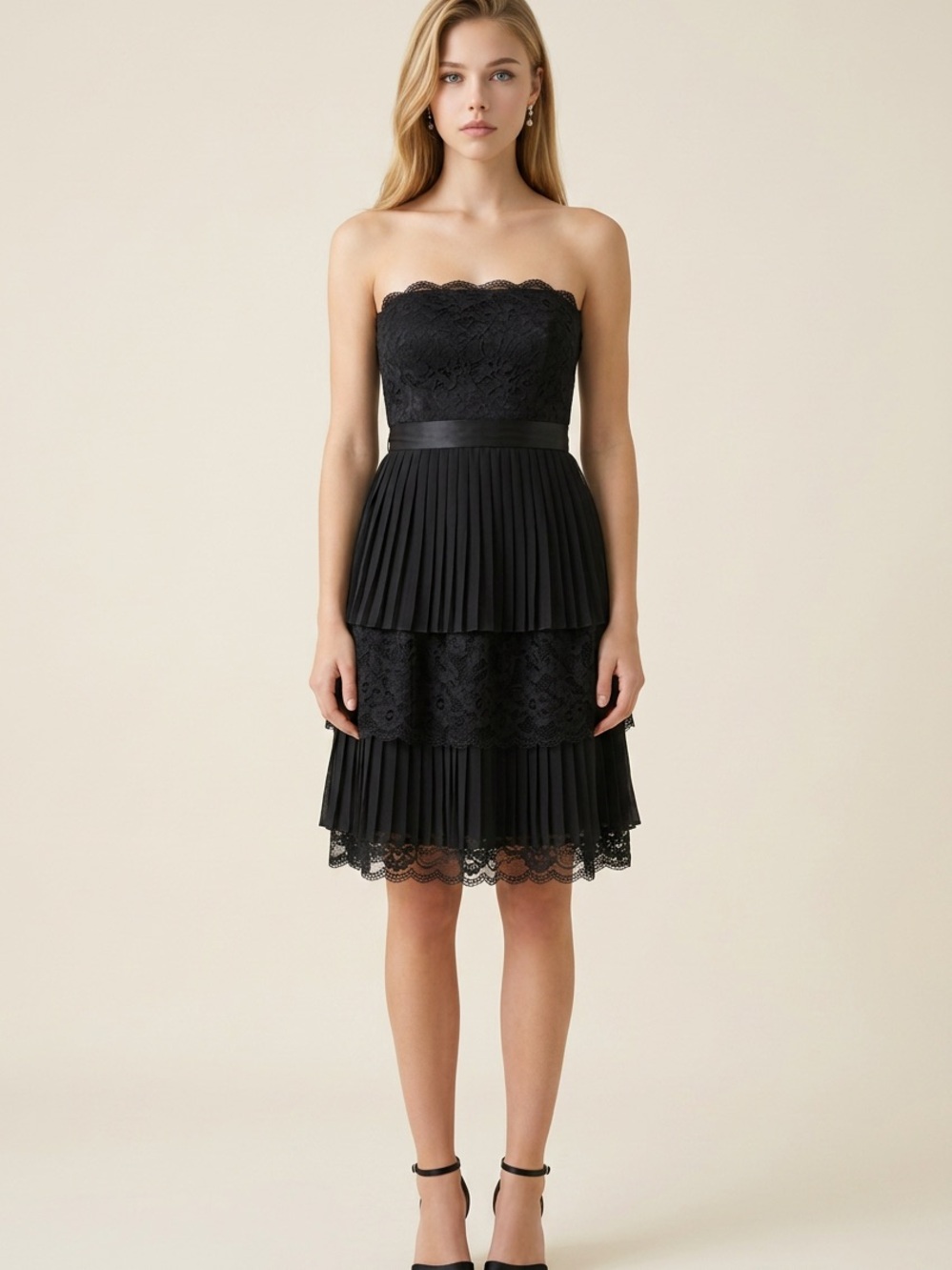 Guess Strapless Black Lace Tiered Cocktail Dress